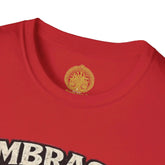 Red unisex softstyle T-shirt by Printify featuring "Embrace the Suck" graphic, casual fit, and comfortable fabric.