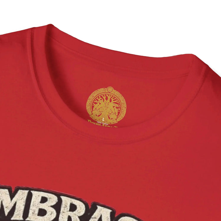 Red unisex softstyle T-shirt by Printify featuring "Embrace the Suck" graphic, casual fit, and comfortable fabric.
