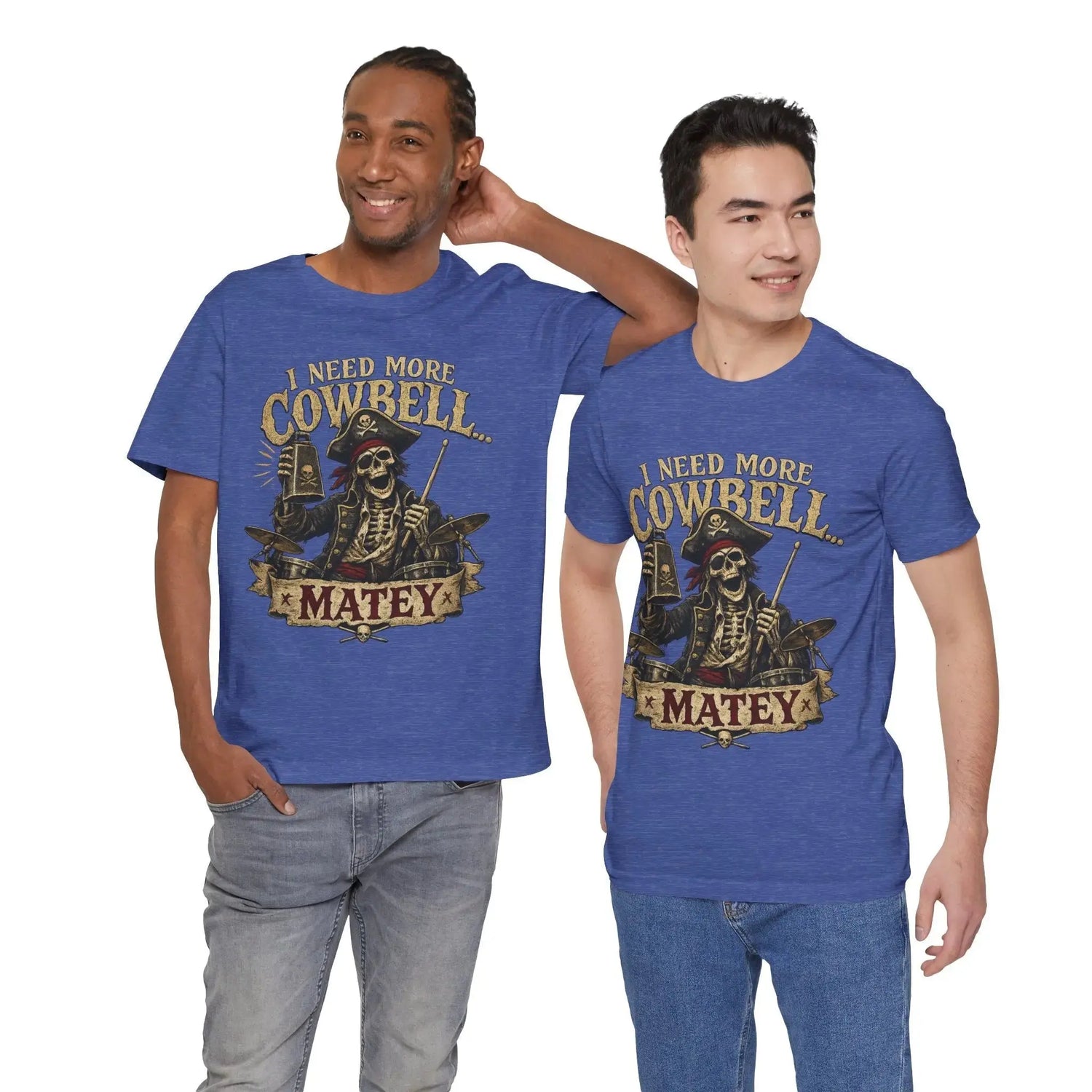 Black I Need More Cowbell Matey Pirate T-Shirt by Printify featuring a nautical-themed design on a casual T-shirt.
