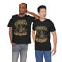 Black I Need More Cowbell Matey Pirate T-Shirt by Printify showing a pirate-themed graphic on the front.