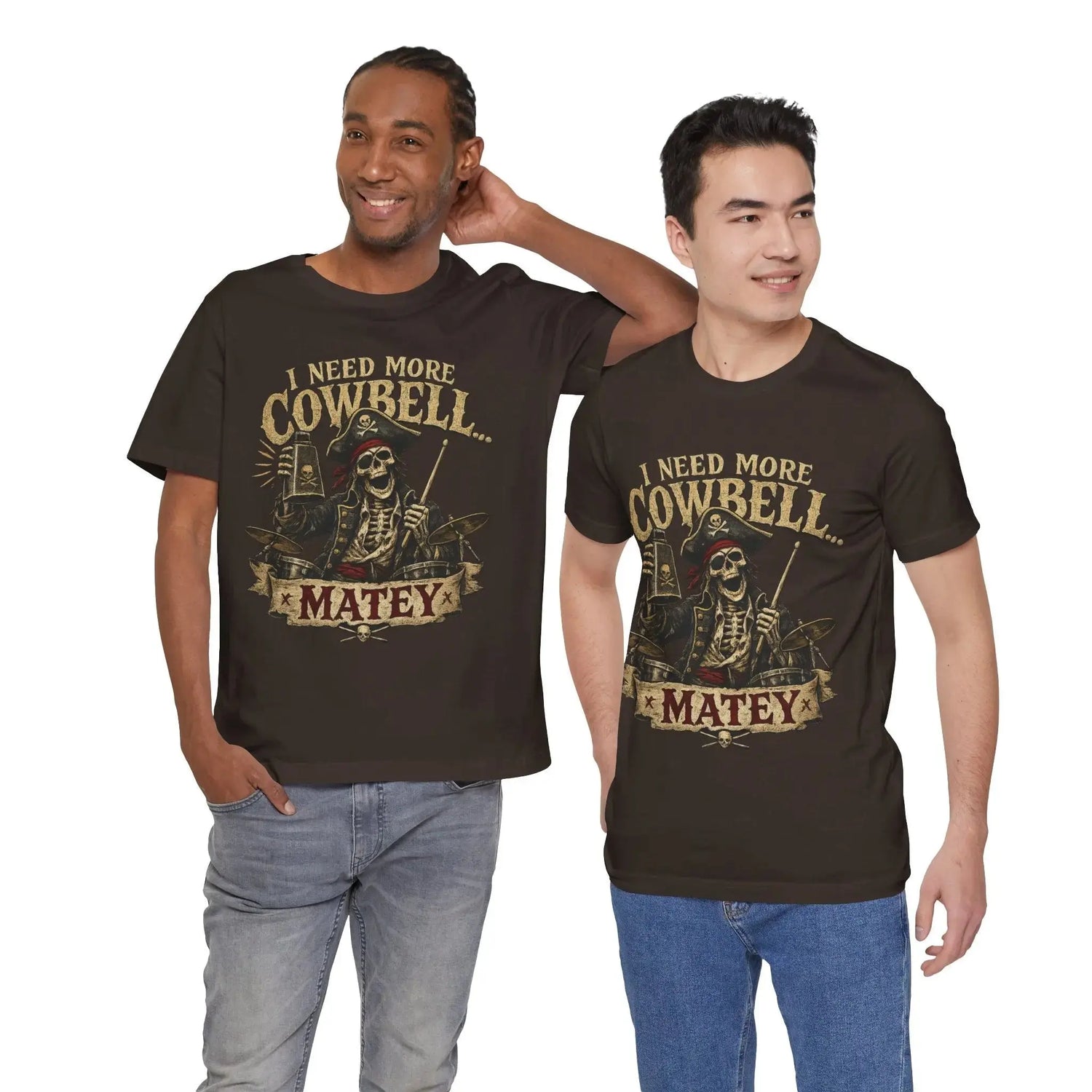 Black I Need More Cowbell Matey Pirate T-Shirt by Printify featuring a fun pirate design on the front.