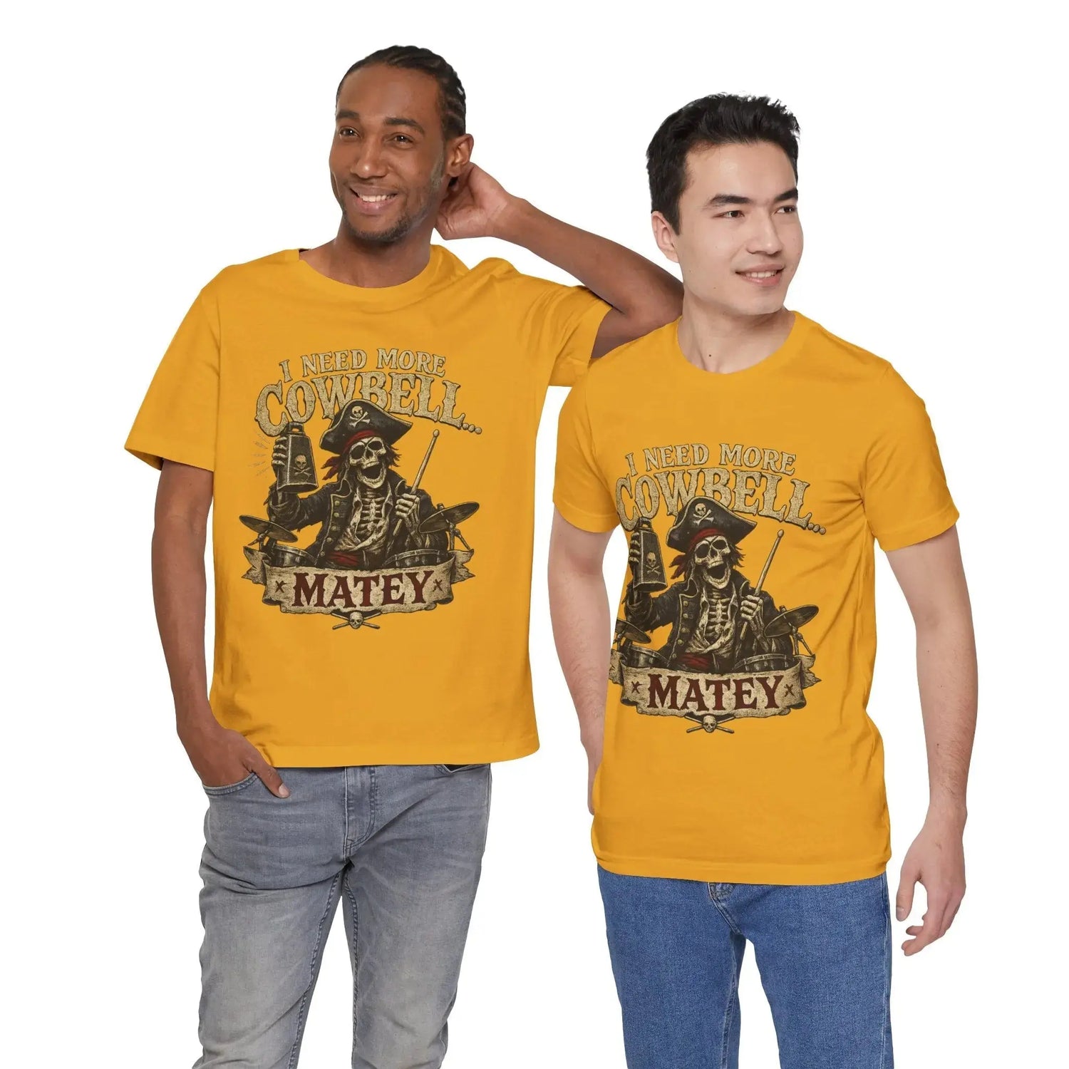 Black I Need More Cowbell Matey Pirate T-Shirt from Printify featuring nautical pirate design on front.